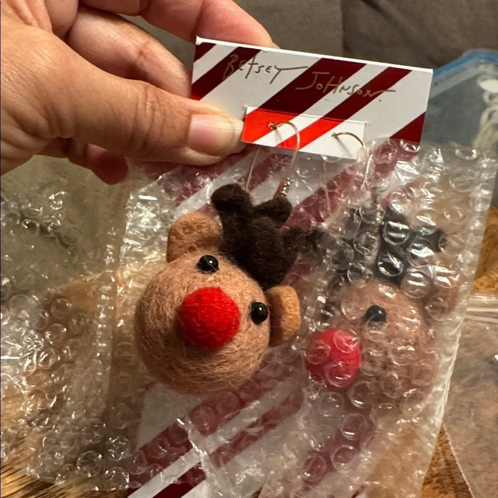 NWT BETSEY JOHNSON Plush Felt Rudolph Red Nose Reindeer Drop Earrings Christmas